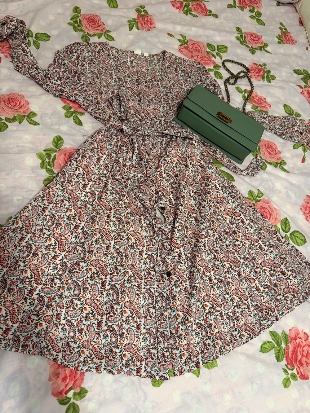 Floral Paisley Long-Sleeve Midi Dress in Multicolor